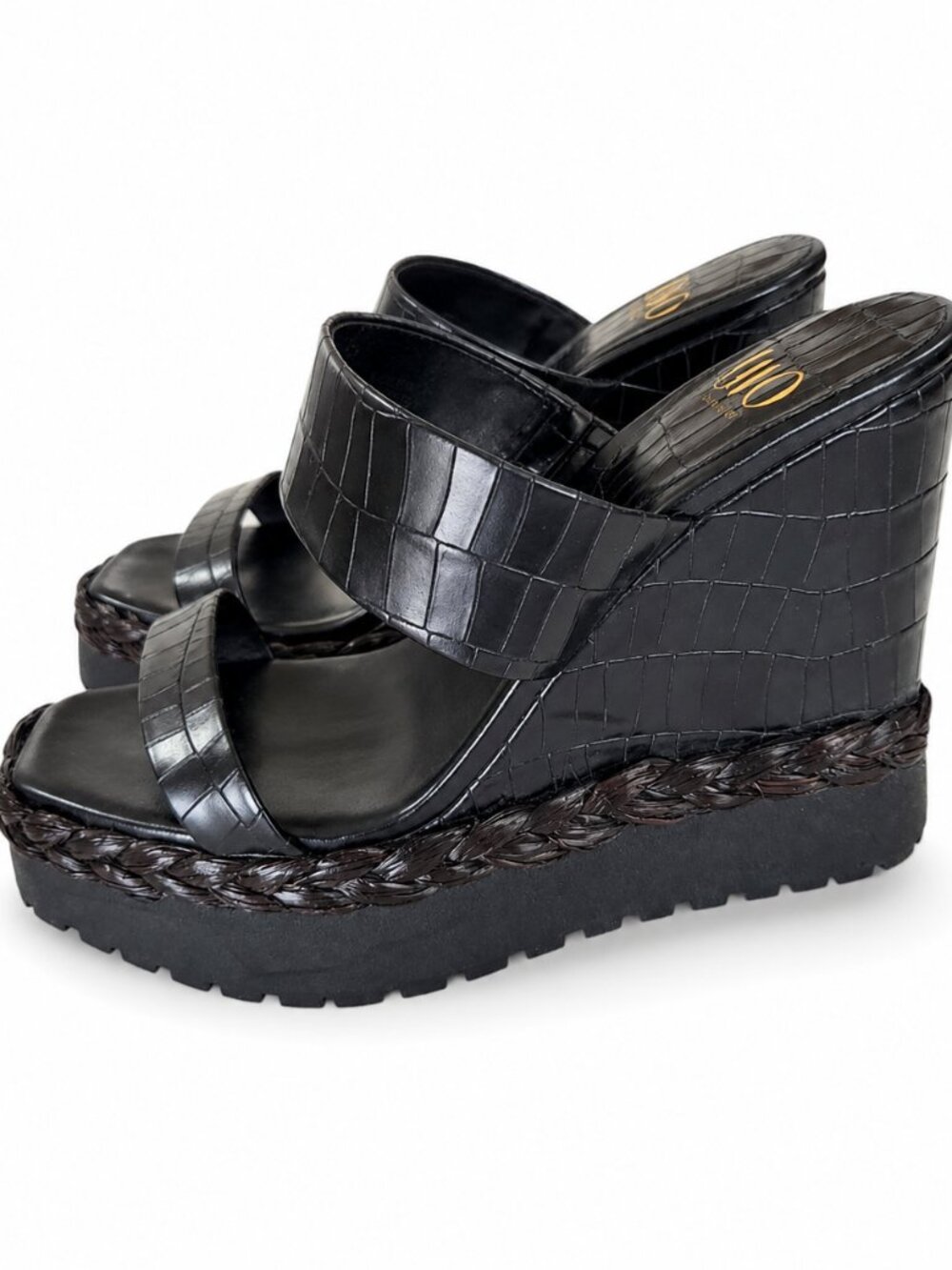 JLO Jennifer Lopez Black Croc-Embossed Platform Wedge Sandals | Size 8